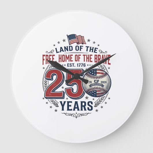 愛国ベースボール 250年 ヴィンテージTシャツ デザイン ラージ壁時計 (正面)