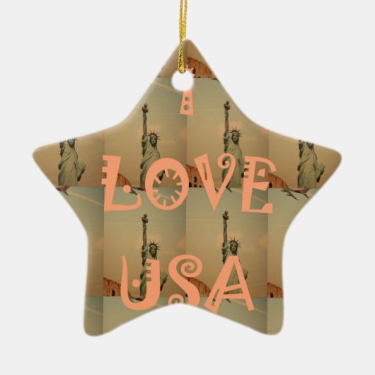 愛国ポップ・アートの美術: 「I Love USA」グラフィックアートデザイン セラミックオーナメント (正面)