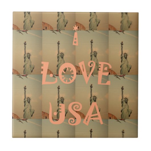 愛国ポップ・アートの美術: 「I Love USA」グラフィックアートデザイン タイル (正面)