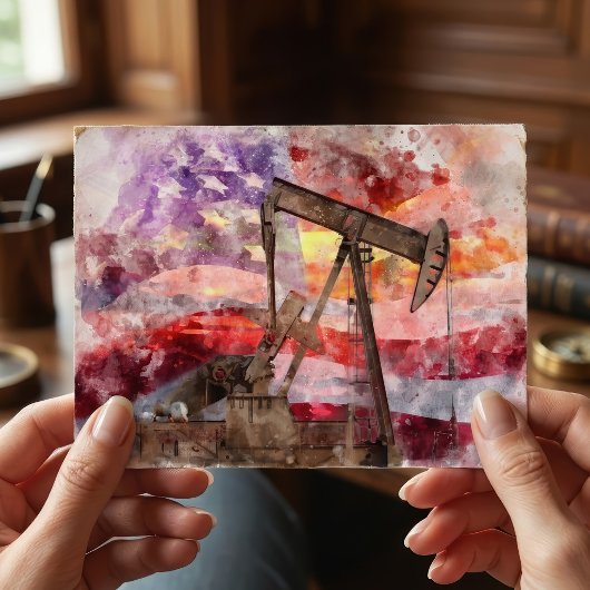 愛国ポンプジャック水彩の夕焼けアート ポストカード