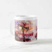 愛国ポンプジャック水彩夕焼けアート コーヒーマグカップ (正面左)