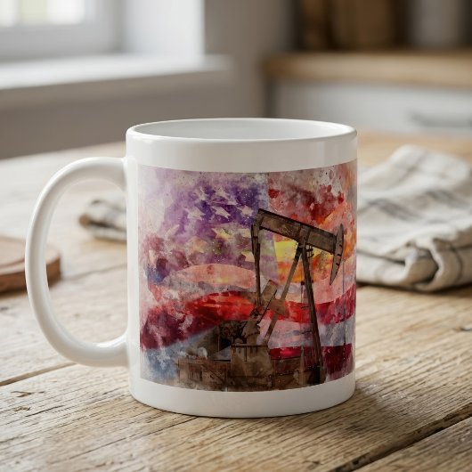 愛国ポンプジャック水彩夕焼けアート コーヒーマグカップ