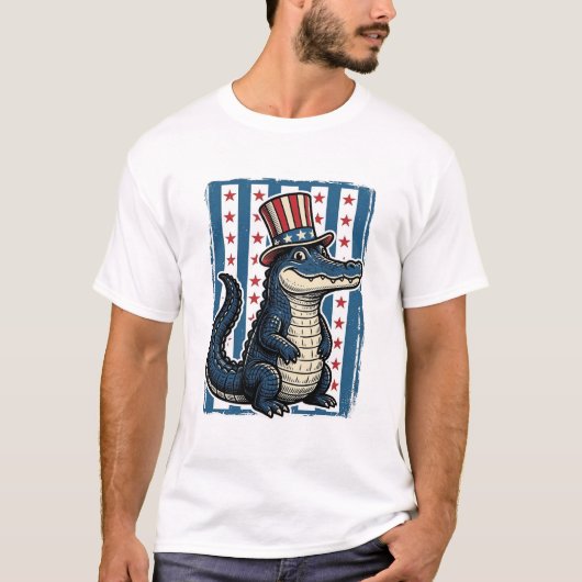 愛国ワニ ビンテージ 彫刻 Tシャツ デザイン (正面)