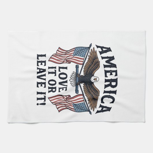 愛国主義者イーグルTシャツ アメリカを愛するか去るか_ キッチンタオル (横)