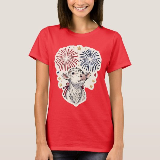 愛国仔牛の花火と星  Tシャツ (正面)
