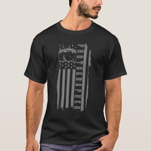 愛国写真家アメリカ国旗のヴィンテージカメラフォト Tシャツ (正面)