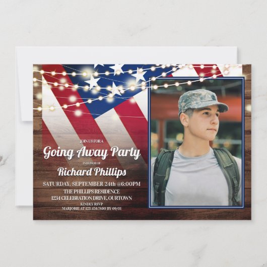 愛国国旗と写真軍隊の進行遠くにパーティー 招待状 (正面)