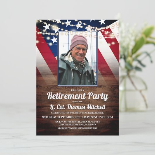 愛国国旗と写真軍隊退職パーティー 招待状 (スタンド正面)