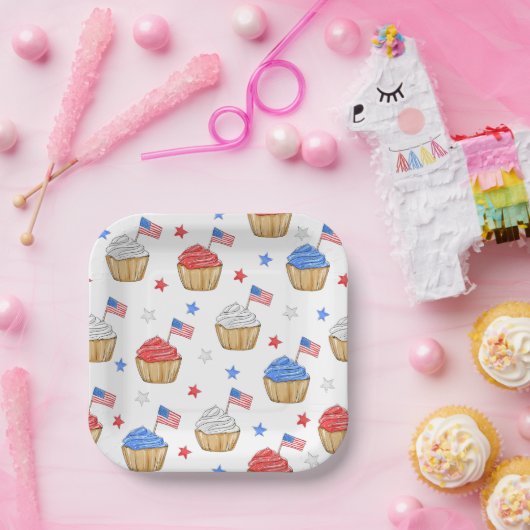 愛国国旗のスターカップケーキ赤白青 ペーパープレート (パーティー)