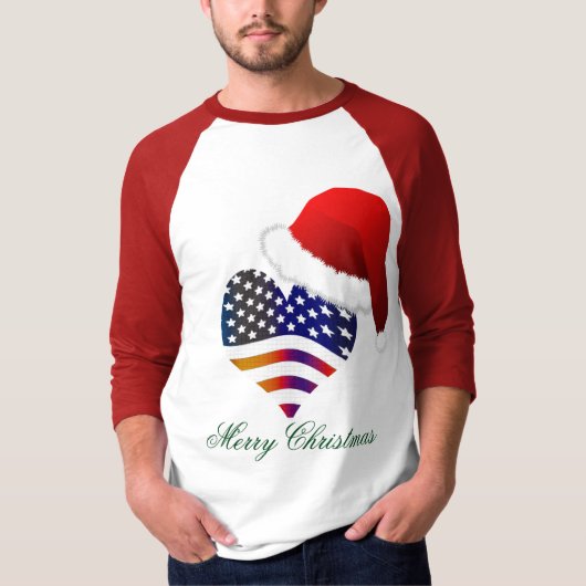 愛国国旗誇りを持ったハートサンタクリスマスホリデー Tシャツ (正面)
