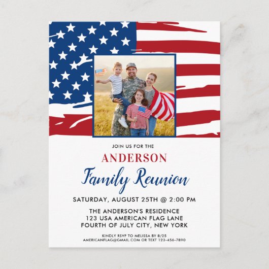 愛国家族懇親会アメリカ国旗の写真 インビテーションポストカード (正面)