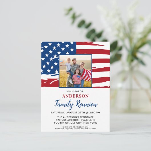 愛国家族懇親会アメリカ国旗の写真 インビテーションポストカード (スタンド正面)