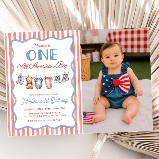 愛国心あふれるアメリカ少年 1歳の誕生日写真 招待状