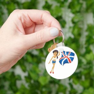 愛国心あふれるイギリス女性をデザインしたイギリス国旗風のスタイリッシュなデザイン キーホルダー