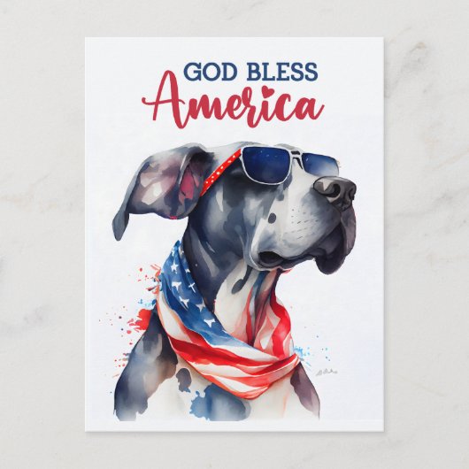 愛国心あふれるグレートデーン、神よアメリカを祝福してください ポストカード (正面)