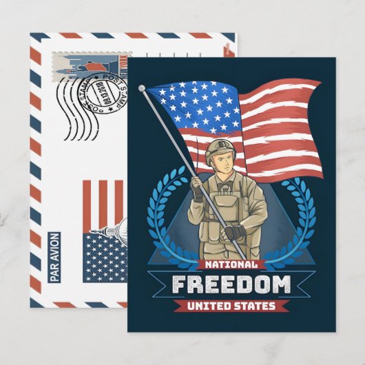 愛国心あふれる兵士が米国旗を持つポストカード シーズンポストカード (正面/裏面)