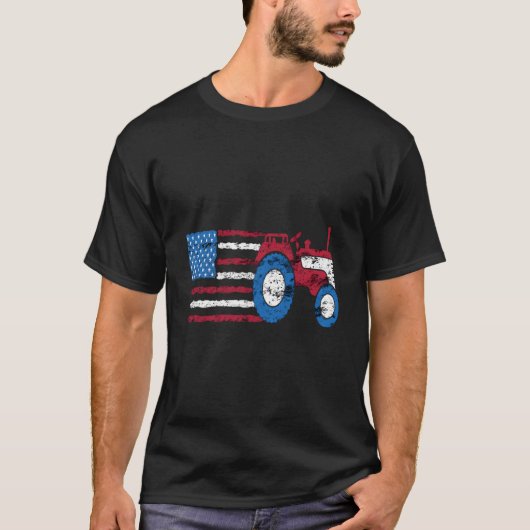 愛国心あふれる農家のUSAフラグトラクター 7月4日 Tシャツ (正面)