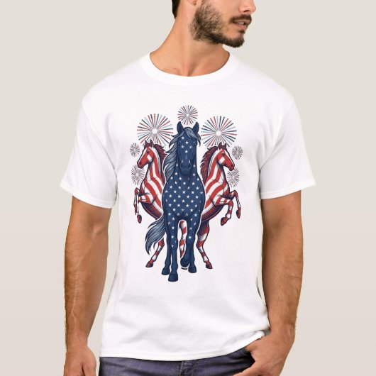 愛国心あふれる馬のビンテージ花火ベクター デザイン Tシャツ (正面)