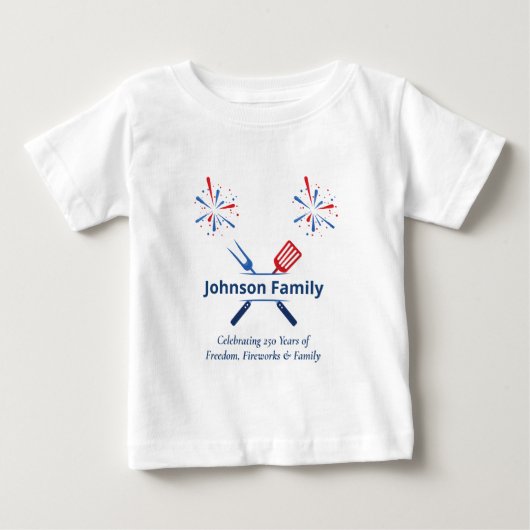 愛国心あふれる7月4日のBBQ、アメリカ生誕250周年 ベビーTシャツ (正面)