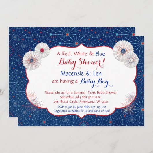 愛国心が強い花火のベビーシャワー招待状 招待状 (正面/裏面)
