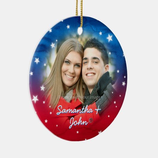愛国心が強い赤白青はクリスマスの写真を主演します セラミックオーナメント (右)