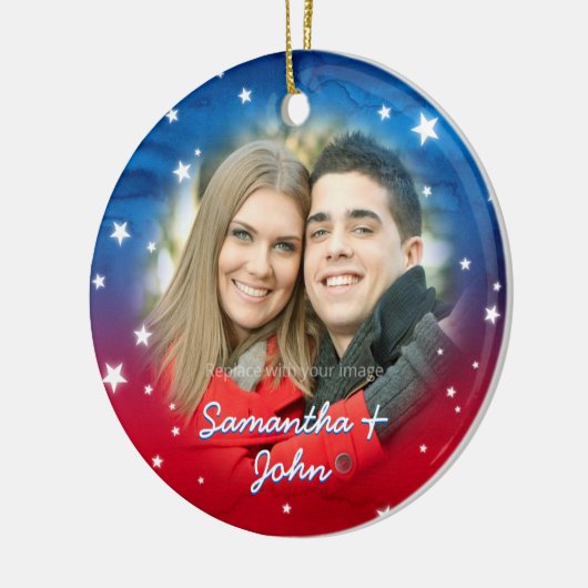 愛国心が強い赤白青はクリスマスの写真を主演します セラミックオーナメント (左)