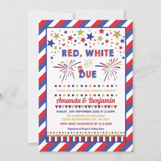 愛国心が強い7月の4日ベビーシャワーの赤い白いおよび当然 招待状 (正面)
