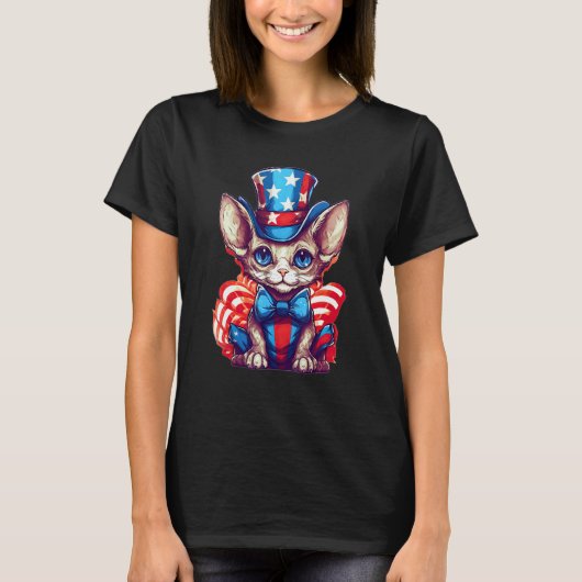 愛国心にあふれたデボン・レックスの猫の独立記念日のデザイン Tシャツ (正面)