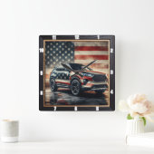 愛国心に満ちたカーアメリカ国旗 スクエア壁時計 (ホーム)