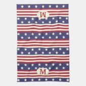 愛国心のあるアメリカ国旗の星とストライプモノグラム キッチンタオル (縦)