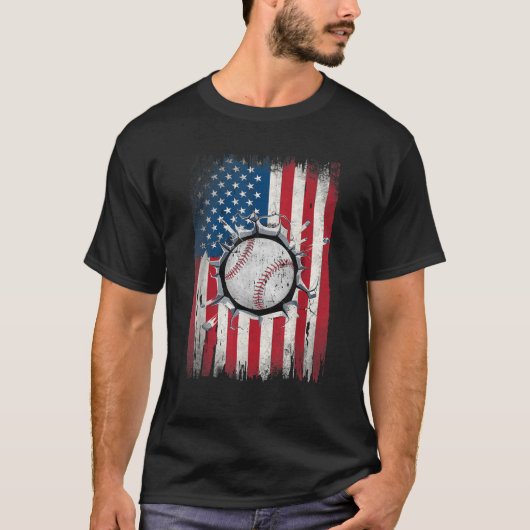 愛国心のあるアメリカ国旗の野球チーム7月4日 Tシャツ (正面)