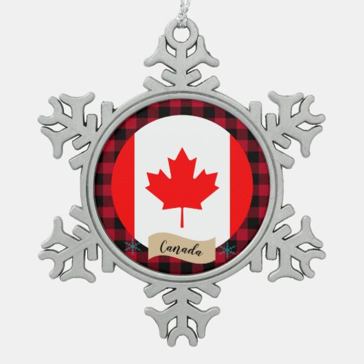 愛国心のあるカナダ、バッファローの草原、カナダ国旗 スノーフレークピューターオーナメント (正面)