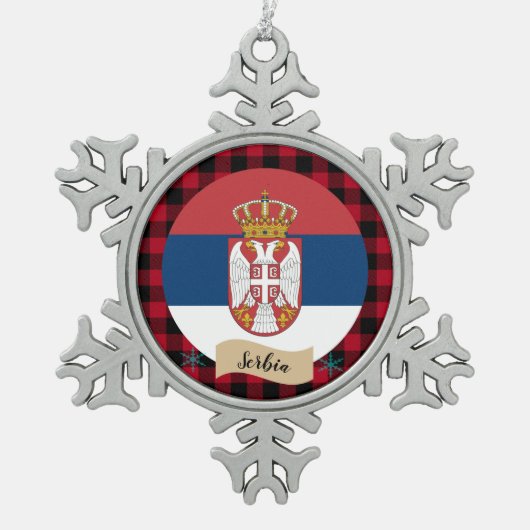 愛国心のあるセルビア、赤い水牛の草原、セルビア国旗 スノーフレークピューターオーナメント (正面)