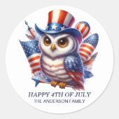 愛国心フクロウトップハット赤白青7月4日 ラウンドシール (正面)