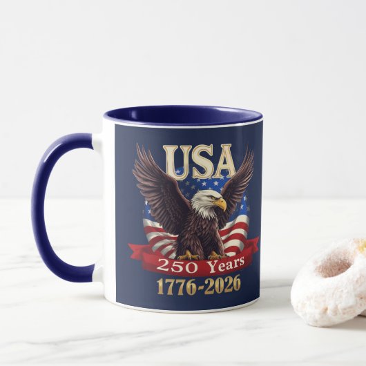 愛国心溢れるアメリカ合衆国250周年 1776-2026 アメリカ国旗 ハクトウワシ マグカップ (ドーナツ)
