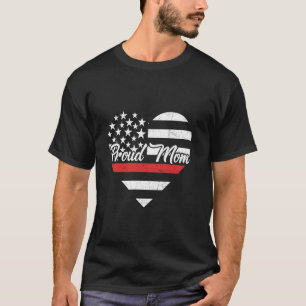 愛国消防士ママ薄い赤い線ハート旗 Tシャツ