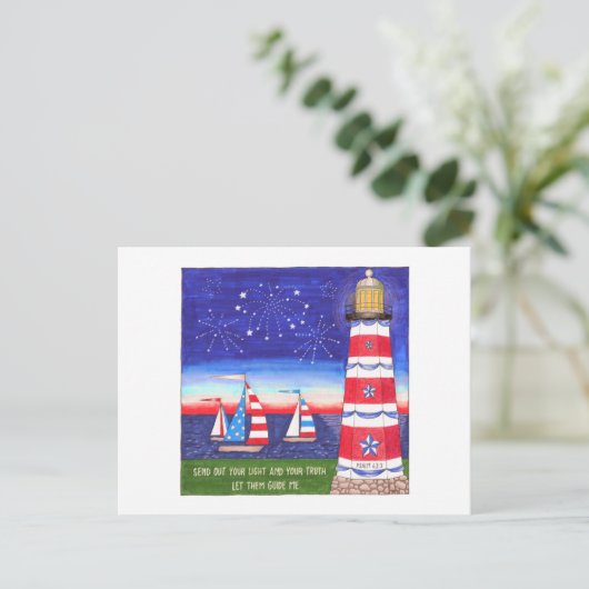 愛国灯台と帆船感動的 ポストカード (スタンド正面)