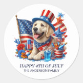 愛国犬トップハットスターズストライプ赤白青 ラウンドシール (正面)