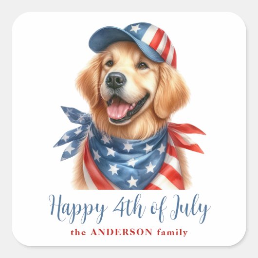 愛国犬赤白青米国国旗7月4日 スクエアシール (正面)