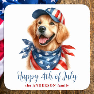 愛国犬赤白青米国国旗7月4日 スクエアシール