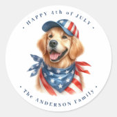 愛国犬赤白青米国国旗7月4日 ラウンドシール (正面)