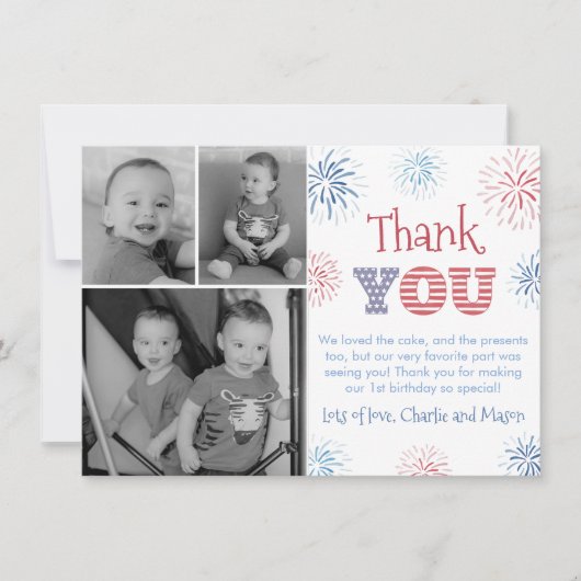 愛国独立記念日の花火双生写真 サンキューカード (正面)