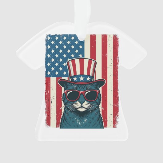 愛国猫の旗ビンテージ彫刻Tシャツデザイン オーナメント (正面)