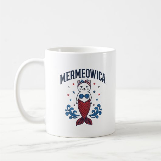 愛国猫人魚Tシャツデザイン Mermeowica_1 コーヒーマグカップ (左)