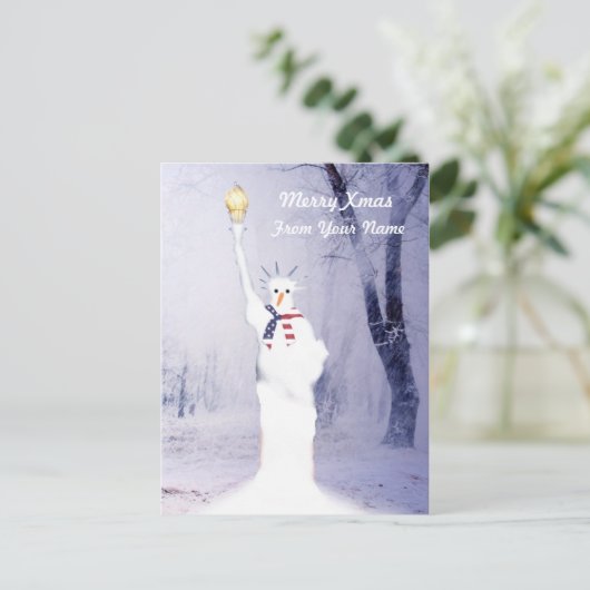愛国的おもしろいなアメリカの雪だるまクリスマス シーズンポストカード (スタンド正面)