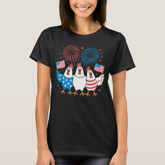 愛国的おもしろいなニワトリ米国国旗7月4日 Tシャツ (正面)