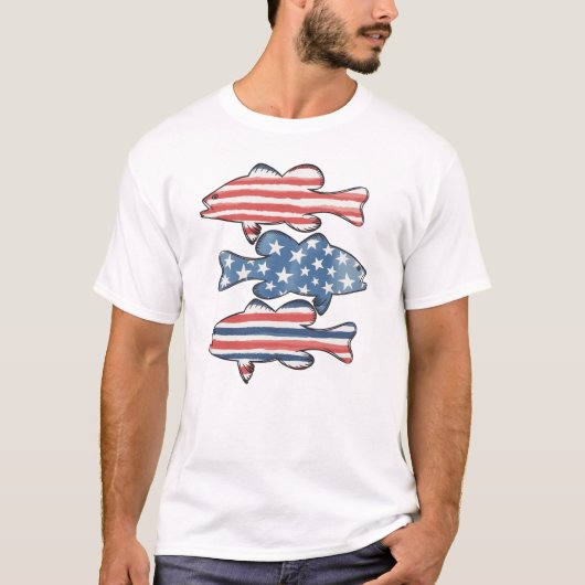 愛国的おもしろい魚釣り米国国旗7月魚第4日 Tシャツ (正面)