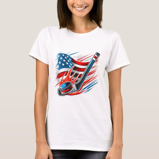 愛国的なアイスホッケーファン選手 7月4日 アメリカ Tシャツ (正面)