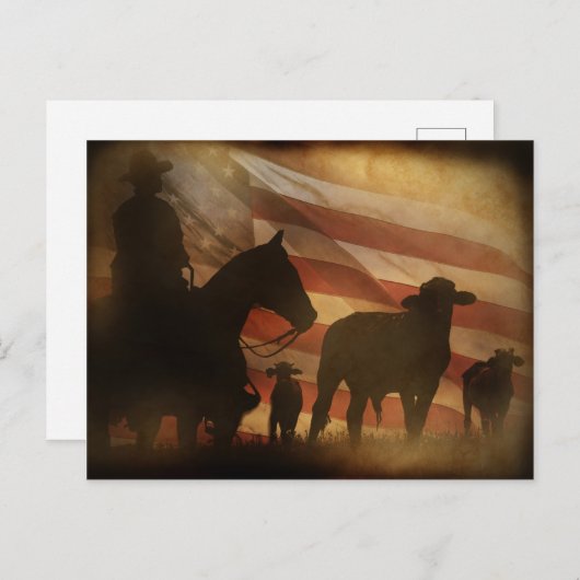 愛国的なアメリカのカウボーイと牛の西部 ポストカード (正面/裏面)