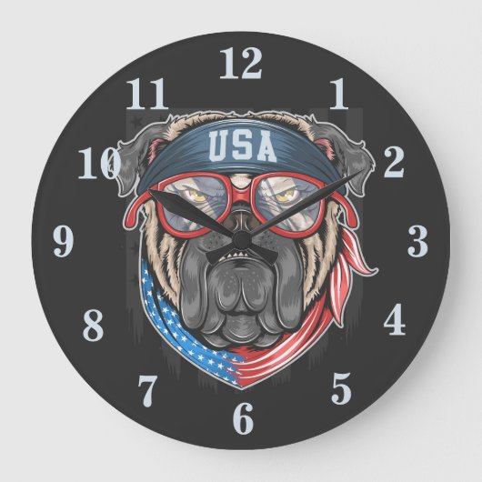 愛国的なアメリカのブルドッグ ラージ壁時計 (正面)